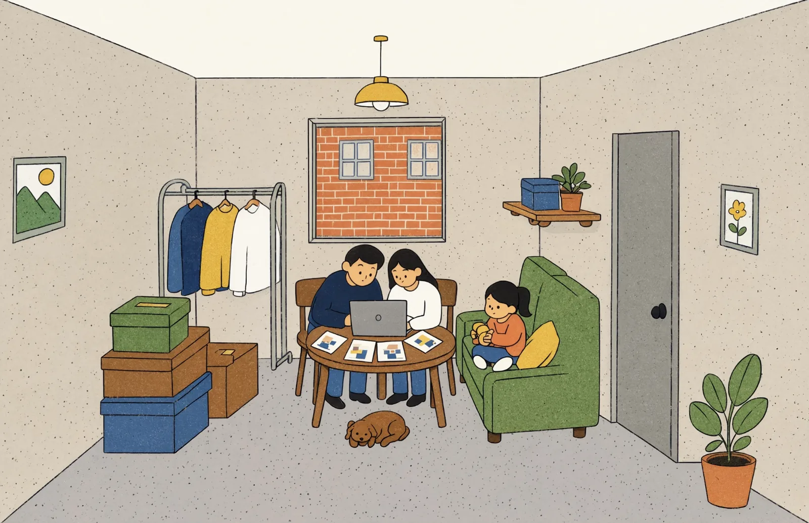 Ilustración: una familia aplica y elige la vivienda de sus sueños
